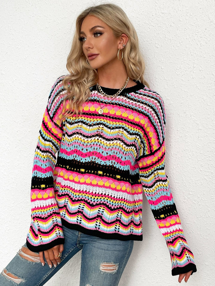 Rainbow Stripe Openwork Flare Sleeve Sweater-Trendsi-Black-S-[option4]-[option5]-[option6]-[option7]-[option8]-Shop-Boutique-Clothing-for-Women-Online