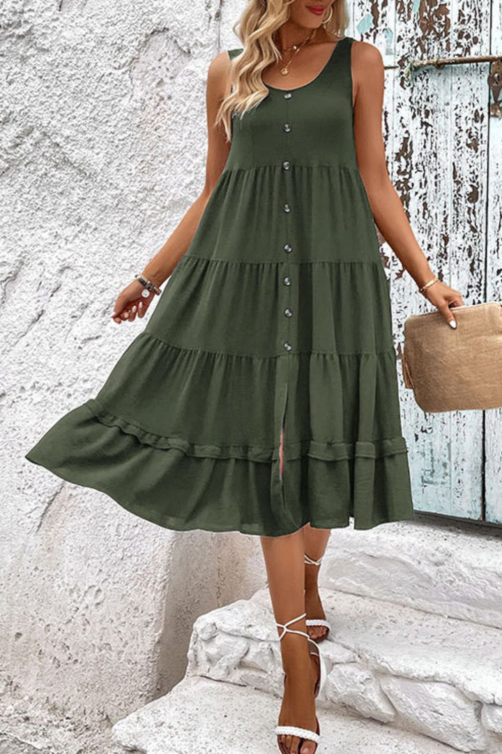 Decorative Button Scoop Neck Tiered Sleeveless Dress-Trendsi-[option4]-[option5]-[option6]-[option7]-[option8]-Shop-Boutique-Clothing-for-Women-Online