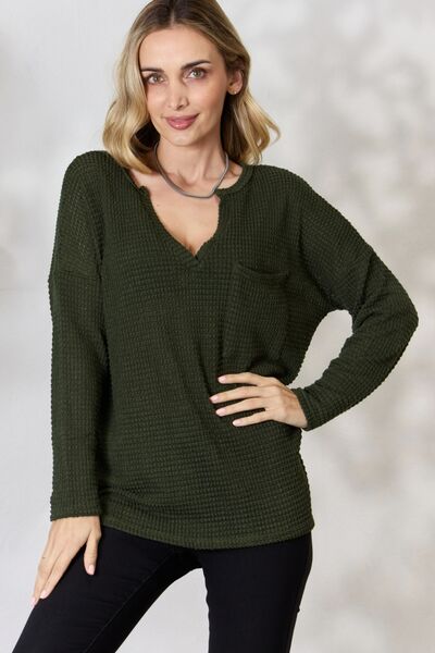 BiBi Notched Popcorn Waffle Long Sleeve Top-Trendsi-Olive-S-[option4]-[option5]-[option6]-[option7]-[option8]-Shop-Boutique-Clothing-for-Women-Online