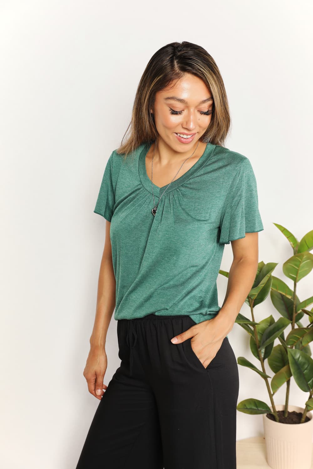 Double Take Ruched V-Neck Short Sleeve T-Shirt-Trendsi-[option4]-[option5]-[option6]-[option7]-[option8]-Shop-Boutique-Clothing-for-Women-Online