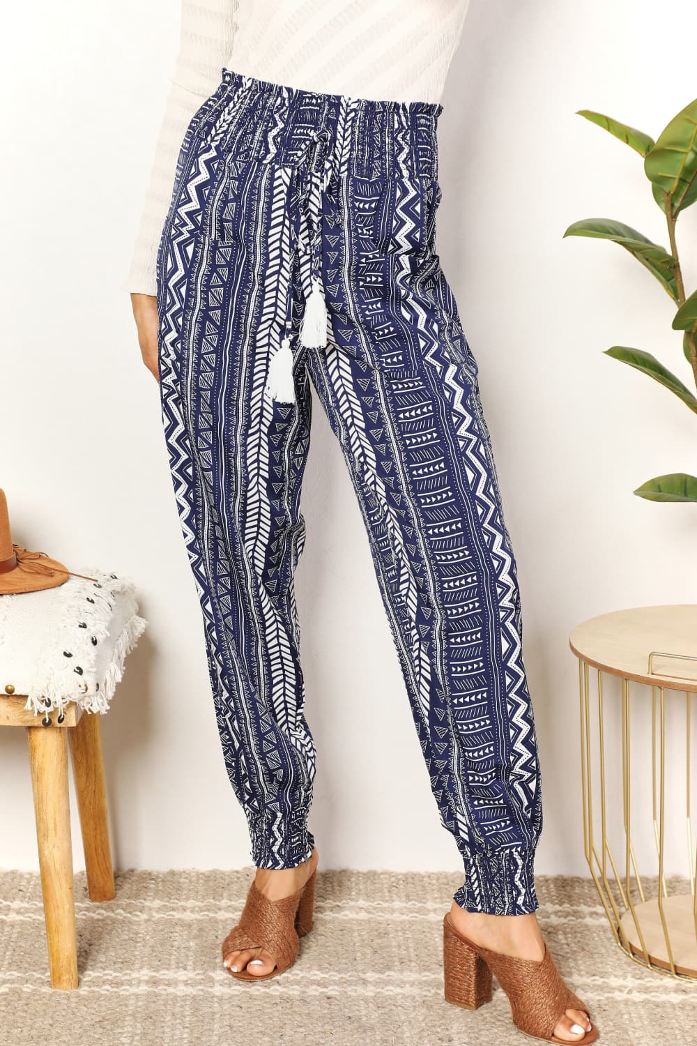 Double Take Geometric Print Tassel High-Rise Pants-Trendsi-Navy-S-[option4]-[option5]-[option6]-[option7]-[option8]-Shop-Boutique-Clothing-for-Women-Online