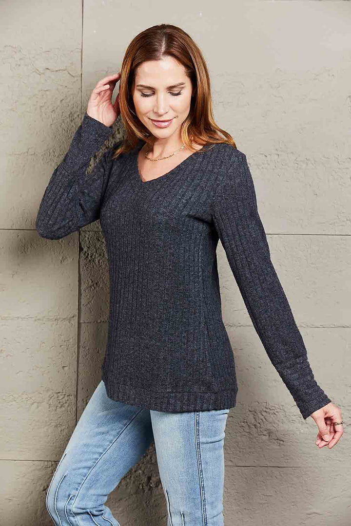 Double Take V-Neck Long Sleeve Ribbed Top-Trendsi-[option4]-[option5]-[option6]-[option7]-[option8]-Shop-Boutique-Clothing-for-Women-Online