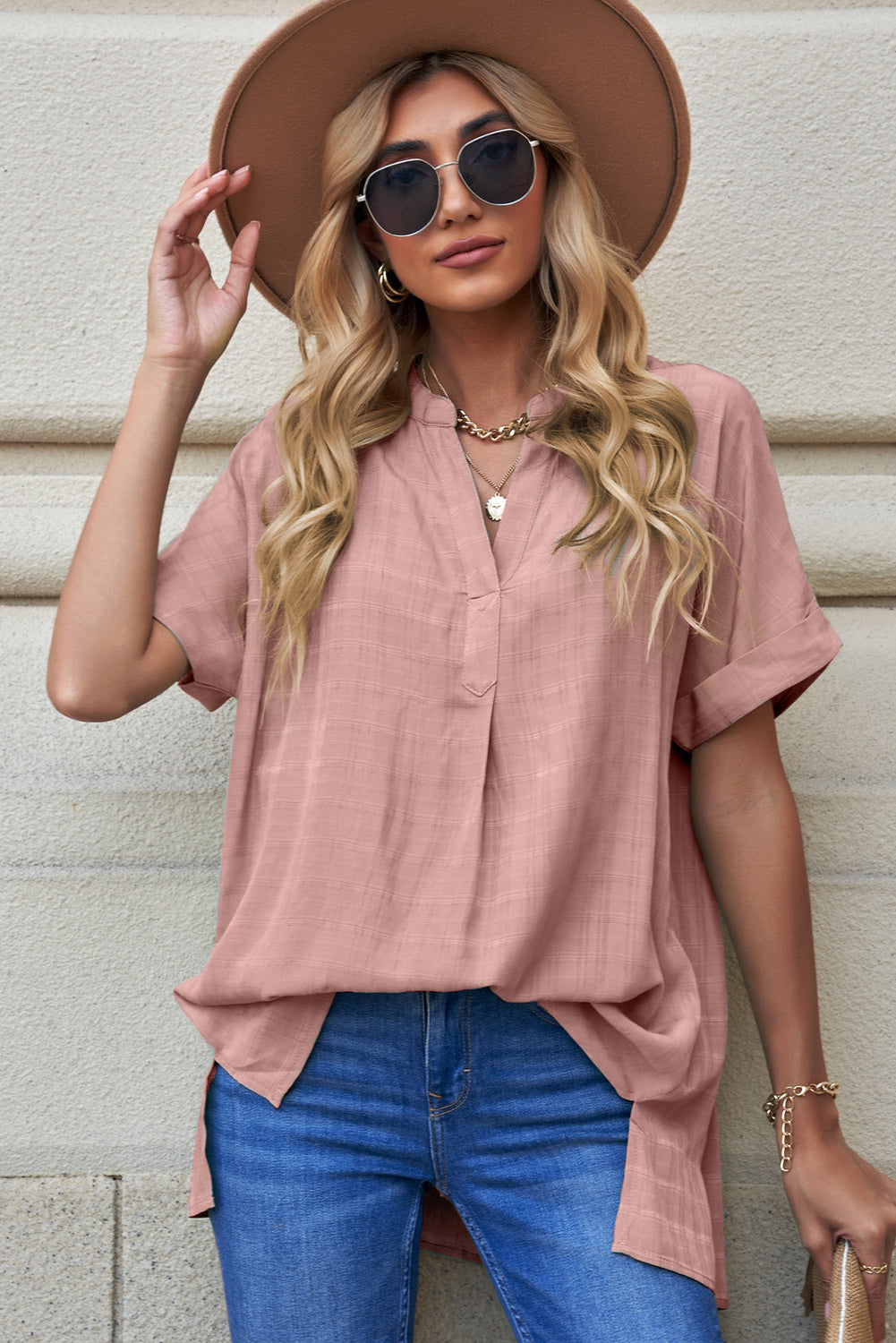 Notched Side Slit Cuffed Blouse-Trendsi-Pink-S-[option4]-[option5]-[option6]-[option7]-[option8]-Shop-Boutique-Clothing-for-Women-Online