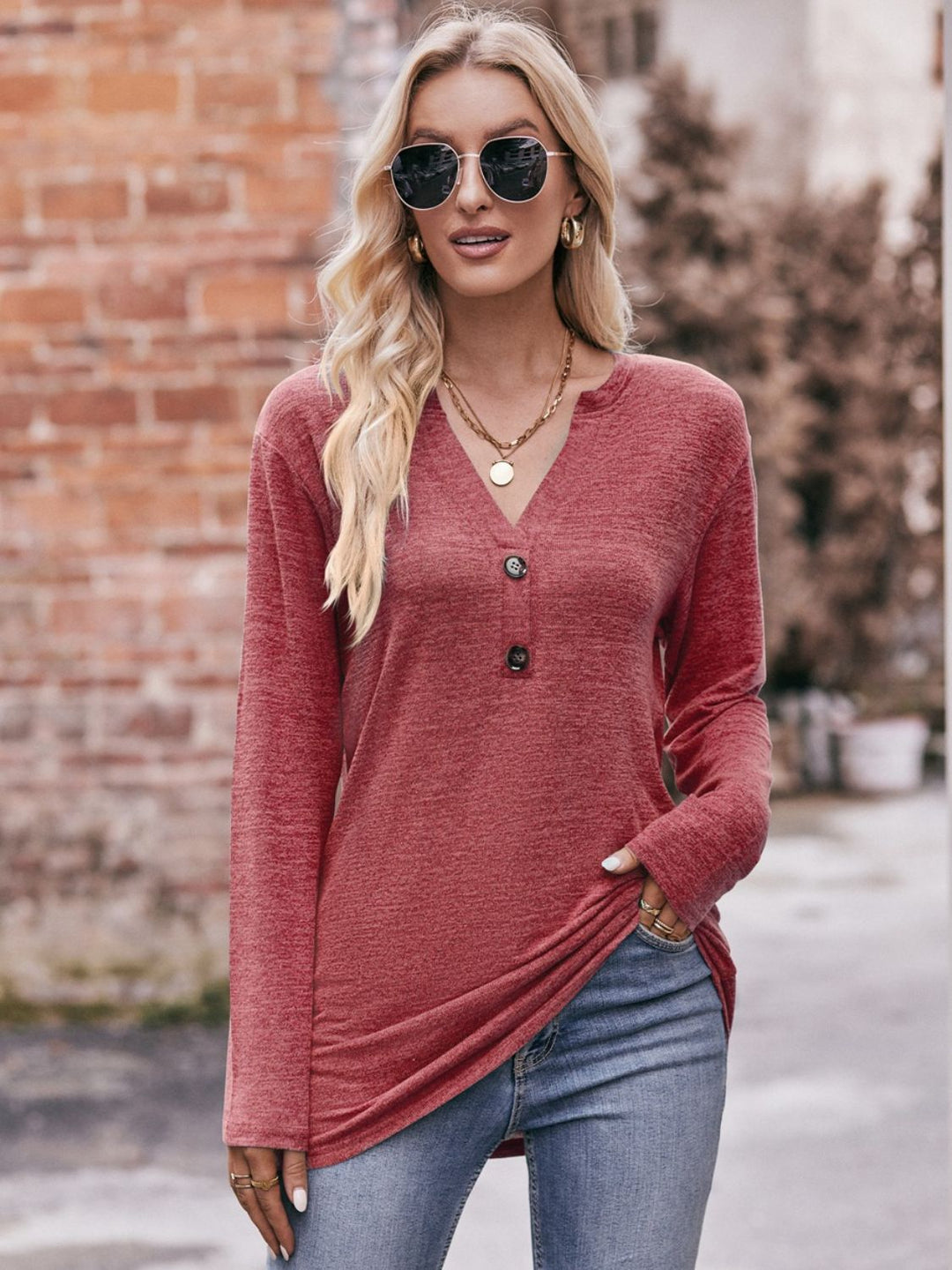 Double Take Buttoned Notched Neck Long Sleeve Top-Trendsi-[option4]-[option5]-[option6]-[option7]-[option8]-Shop-Boutique-Clothing-for-Women-Online