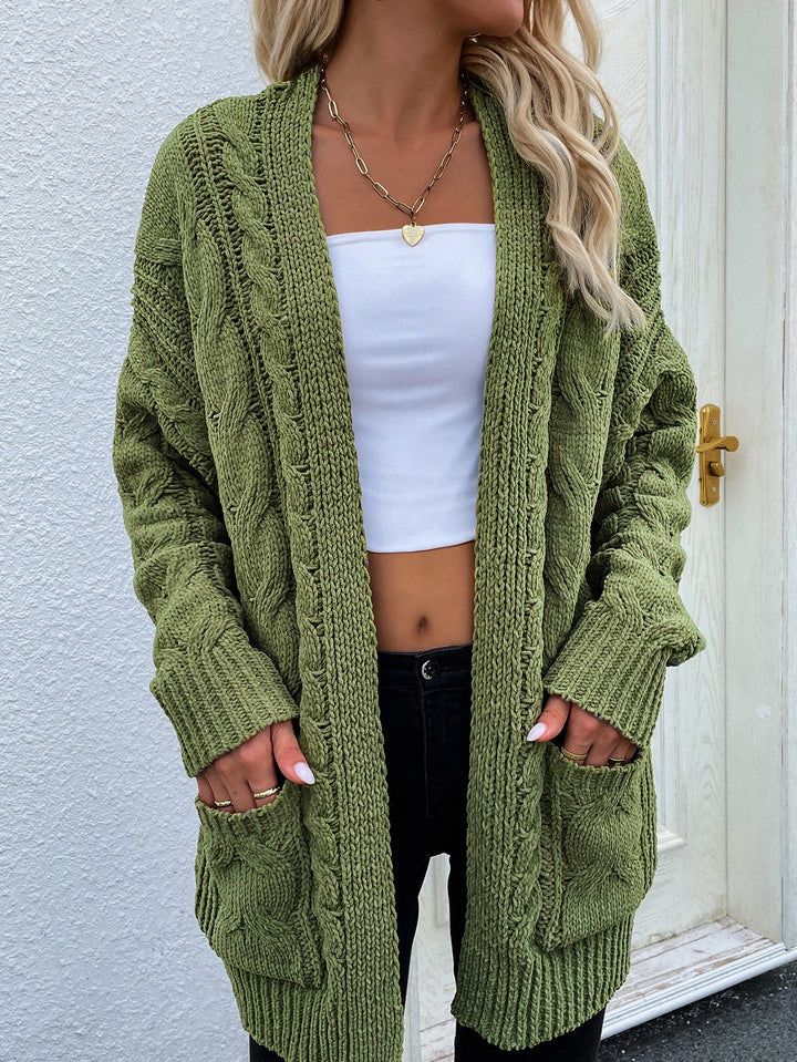 Woven Right Cable-Knit Open Front Cardigan with Front Pockets-Trendsi-Green-S-[option4]-[option5]-[option6]-[option7]-[option8]-Shop-Boutique-Clothing-for-Women-Online