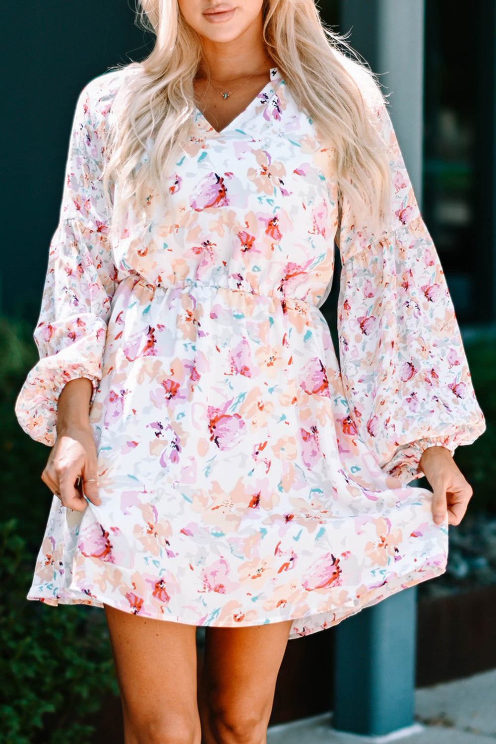 Floral Bubble Sleeve V-Neck Dress-Trendsi-Pink-S-[option4]-[option5]-[option6]-[option7]-[option8]-Shop-Boutique-Clothing-for-Women-Online