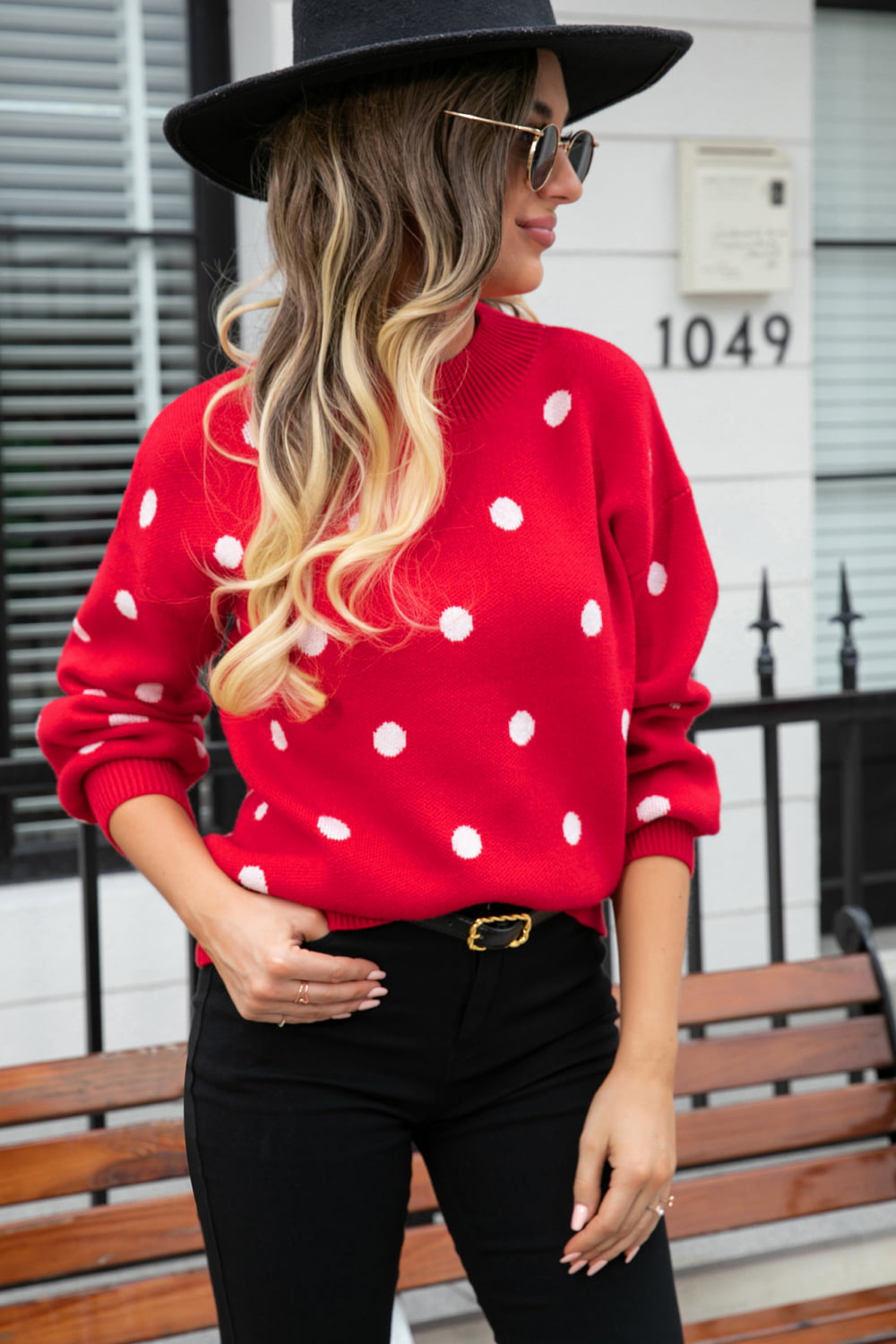 Woven Right Polka Dot Round Neck Dropped Shoulder Sweater-Trendsi-Red-S-[option4]-[option5]-[option6]-[option7]-[option8]-Shop-Boutique-Clothing-for-Women-Online