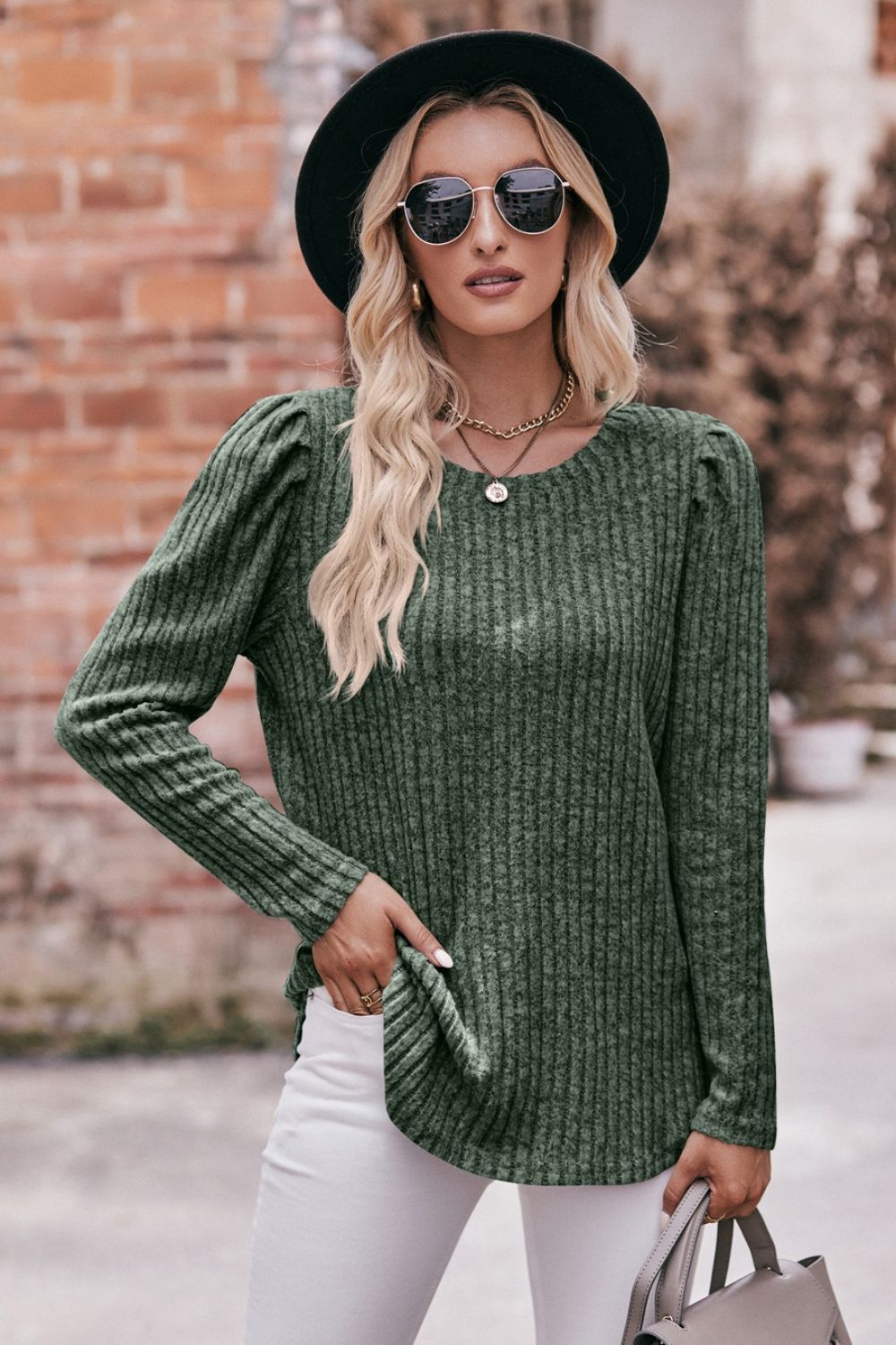 Double Take Round Neck Puff Sleeve Ribbed Top-Trendsi-Army Green-S-[option4]-[option5]-[option6]-[option7]-[option8]-Shop-Boutique-Clothing-for-Women-Online