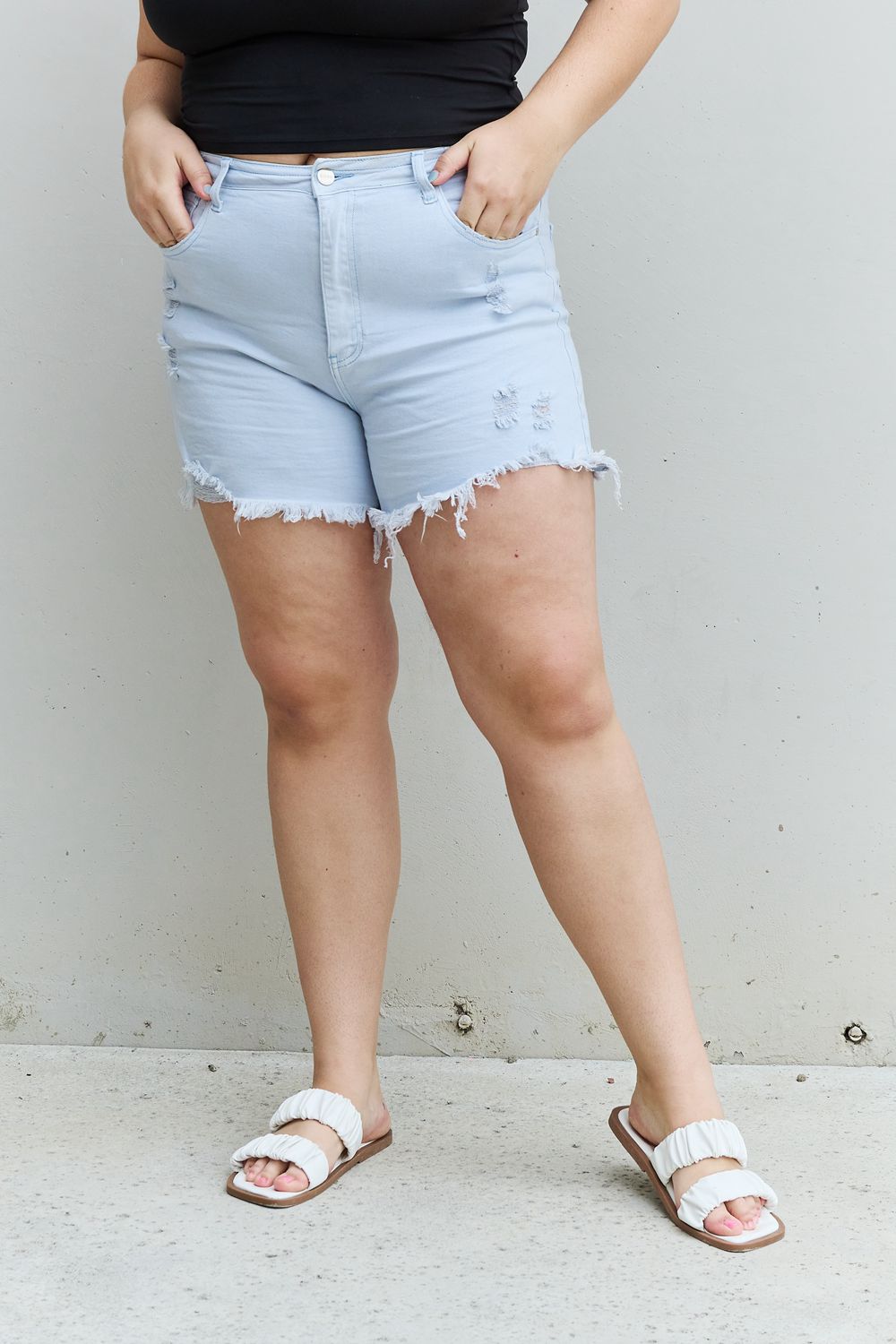 RISEN Katie High Waisted Distressed Shorts in Ice Blue-Trendsi-Light-S-[option4]-[option5]-[option6]-[option7]-[option8]-Shop-Boutique-Clothing-for-Women-Online