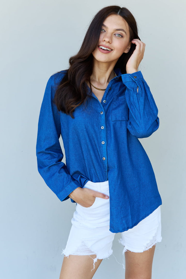 Doublju Blue Jean Baby Denim Button Down Shirt Top in Dark Blue-Trendsi-Dark Blue-S-[option4]-[option5]-[option6]-[option7]-[option8]-Shop-Boutique-Clothing-for-Women-Online