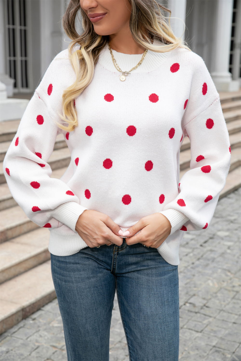 Woven Right Polka Dot Round Neck Dropped Shoulder Sweater-Trendsi-White-S-[option4]-[option5]-[option6]-[option7]-[option8]-Shop-Boutique-Clothing-for-Women-Online