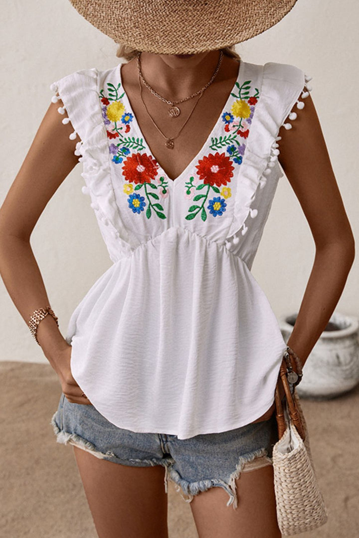 Embroidered Pom-Pom Trim Cap Sleeve Babydoll Top-Trendsi-[option4]-[option5]-[option6]-[option7]-[option8]-Shop-Boutique-Clothing-for-Women-Online