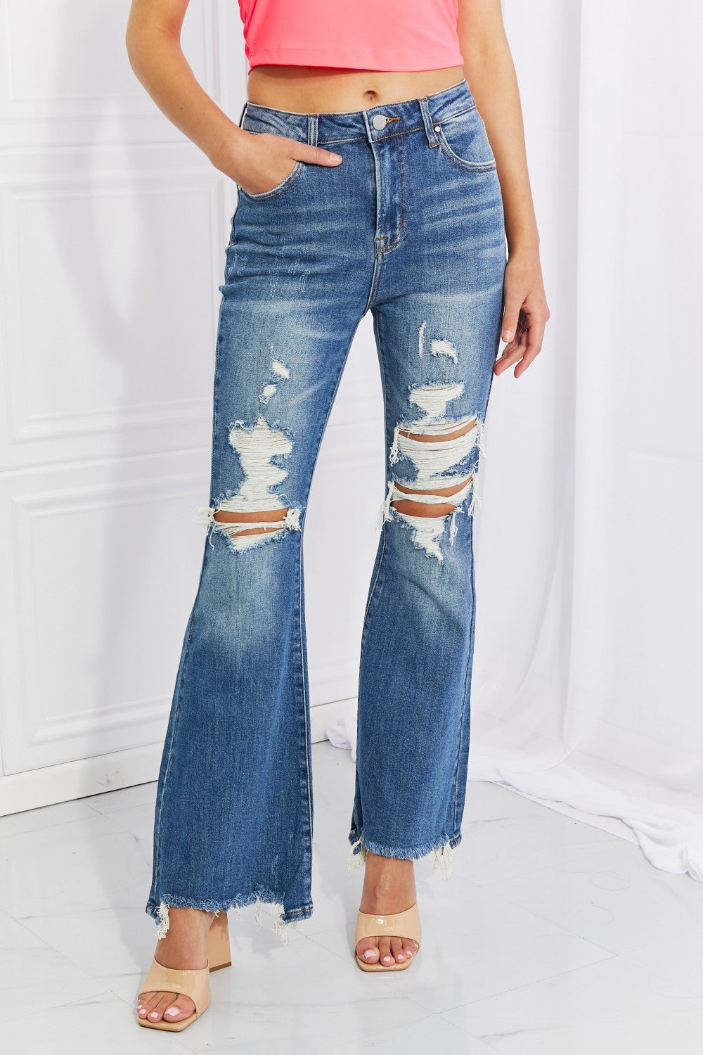 RISEN Hazel High Rise Distressed Flare Jeans-Trendsi-Dark-1(25)-[option4]-[option5]-[option6]-[option7]-[option8]-Shop-Boutique-Clothing-for-Women-Online