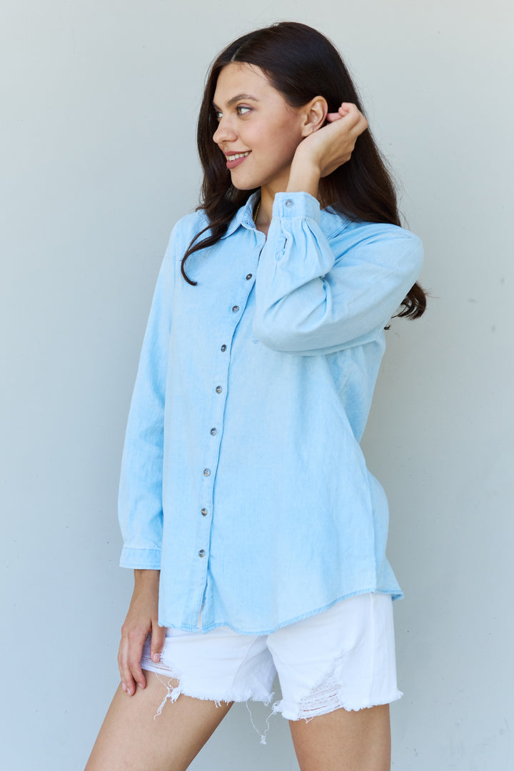 Doublju Blue Jean Baby Denim Button Down Shirt Top in Light Blue-Trendsi-[option4]-[option5]-[option6]-[option7]-[option8]-Shop-Boutique-Clothing-for-Women-Online