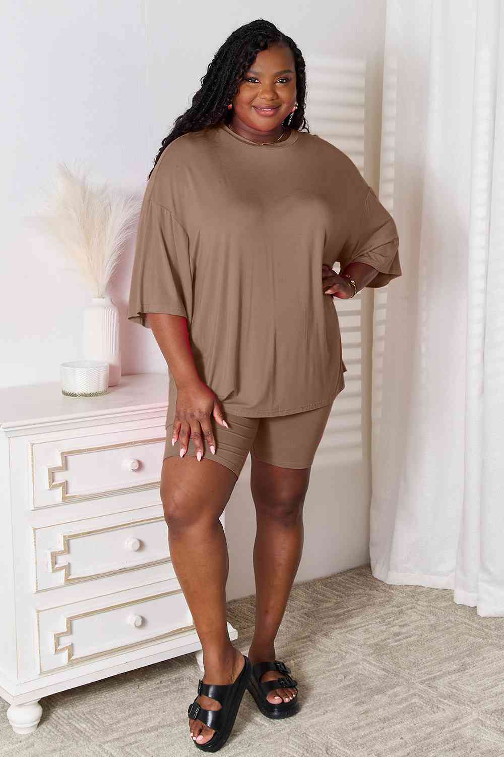 Basic Bae Soft Rayon Three-Quarter Sleeve Top and Shorts Set-Trendsi-[option4]-[option5]-[option6]-[option7]-[option8]-Shop-Boutique-Clothing-for-Women-Online