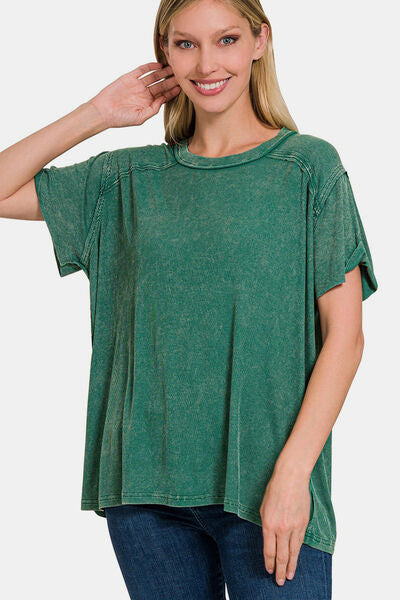 Zenana Washed Ribbed Short Sleeve Top-Trendsi-DKGREEN-S/M-[option4]-[option5]-[option6]-[option7]-[option8]-Shop-Boutique-Clothing-for-Women-Online