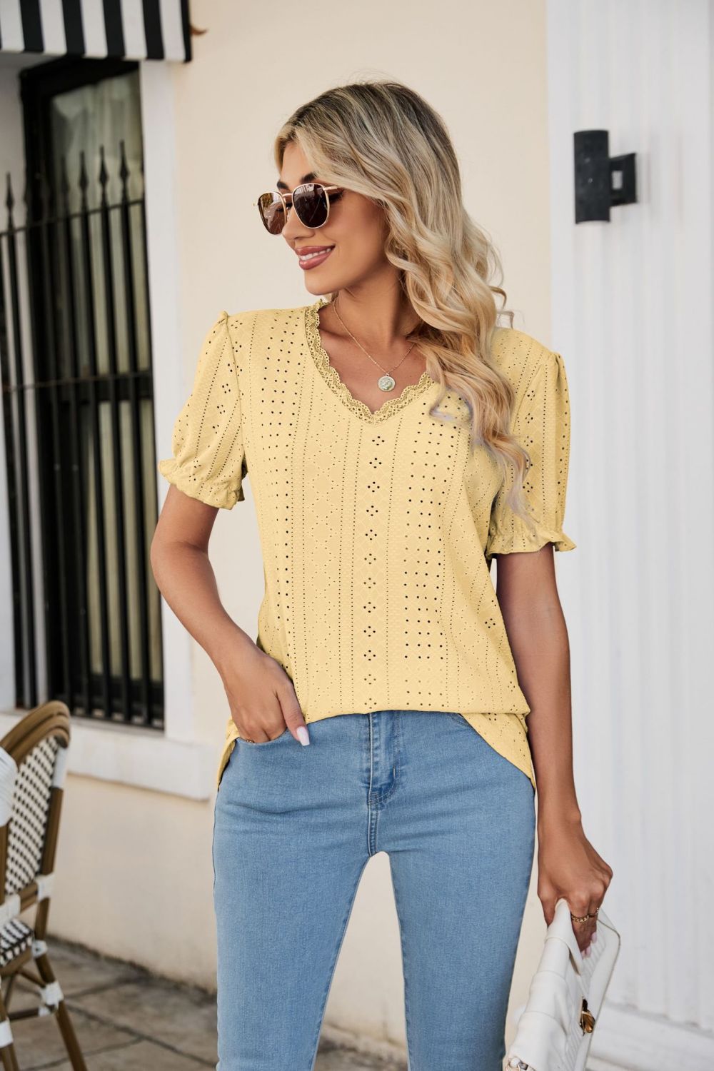 Eyelet Flounce Sleeve Scalloped V-Neck Top-Trendsi-Banana Yellow-S-[option4]-[option5]-[option6]-[option7]-[option8]-Shop-Boutique-Clothing-for-Women-Online