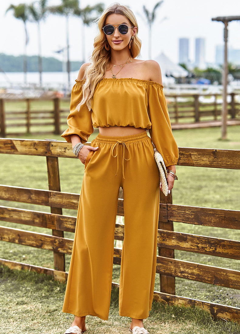 Off-Shoulder Blouse and Drawstring Waist Pants Set-Trendsi-[option4]-[option5]-[option6]-[option7]-[option8]-Shop-Boutique-Clothing-for-Women-Online