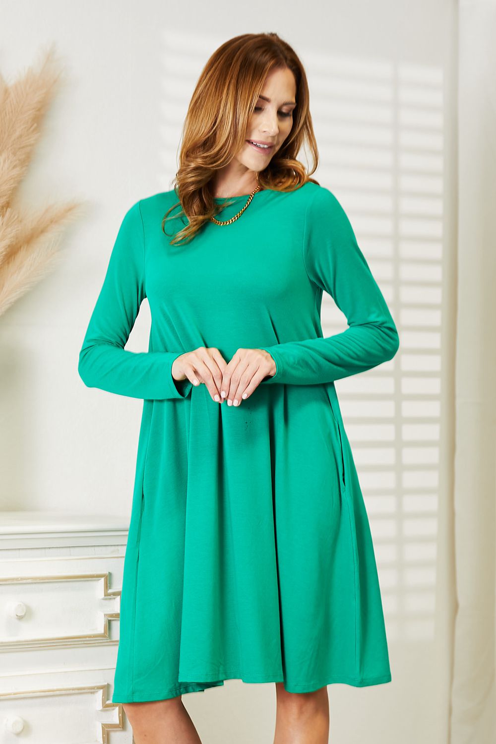 Zenana Long Sleeve Flare Dress with Pockets-Trendsi-[option4]-[option5]-[option6]-[option7]-[option8]-Shop-Boutique-Clothing-for-Women-Online