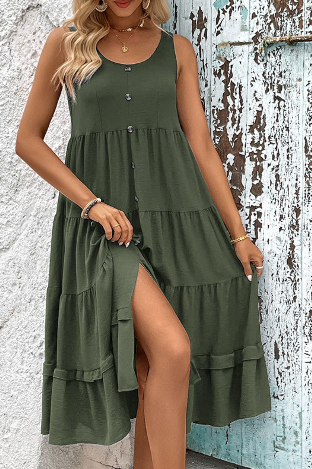 Decorative Button Scoop Neck Tiered Sleeveless Dress-Trendsi-Moss-S-[option4]-[option5]-[option6]-[option7]-[option8]-Shop-Boutique-Clothing-for-Women-Online