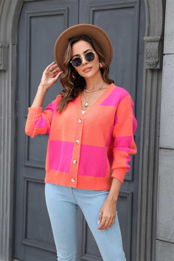 Plaid V-Neck Dropped Shoulder Cardigan-Trendsi-Orange-S-[option4]-[option5]-[option6]-[option7]-[option8]-Shop-Boutique-Clothing-for-Women-Online