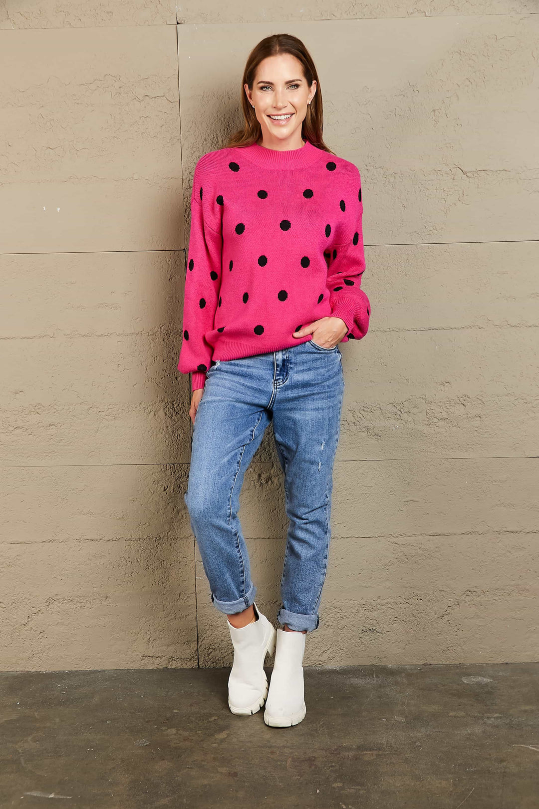 Woven Right Polka Dot Round Neck Dropped Shoulder Sweater-Trendsi-[option4]-[option5]-[option6]-[option7]-[option8]-Shop-Boutique-Clothing-for-Women-Online