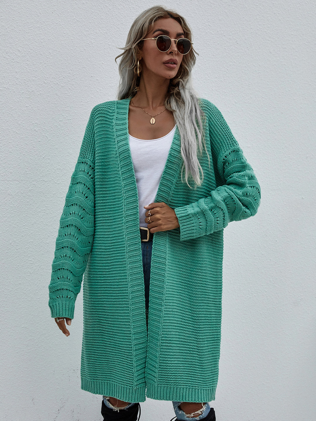 Double Take Horizontal Ribbing Open Front Duster Cardigan-Trendsi-Green-S-[option4]-[option5]-[option6]-[option7]-[option8]-Shop-Boutique-Clothing-for-Women-Online