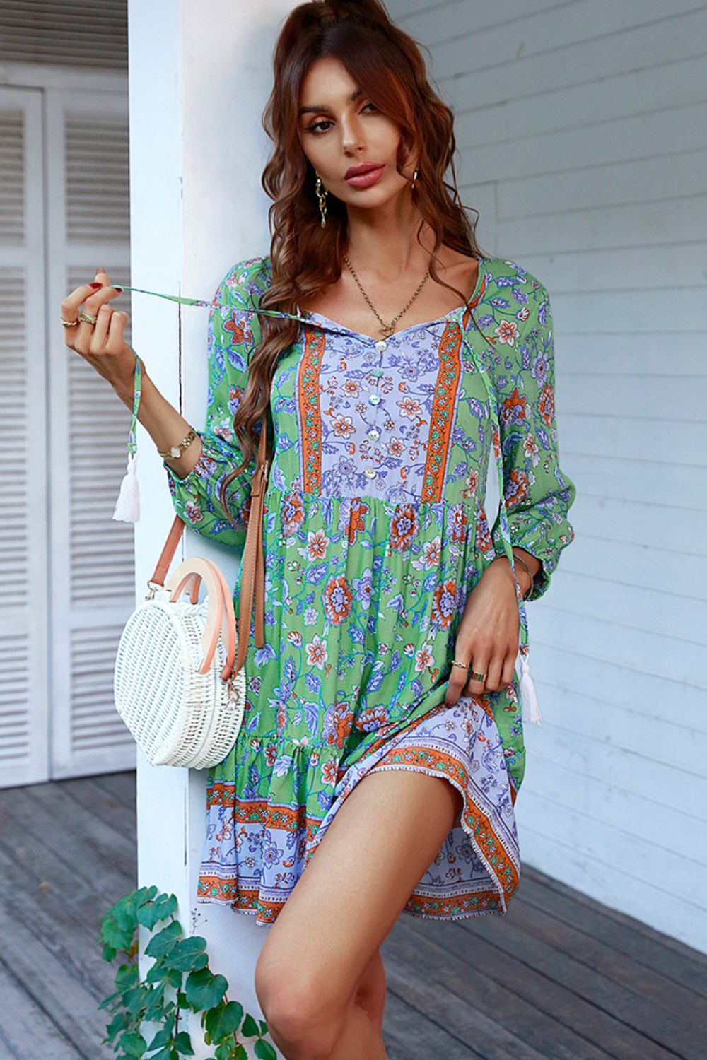 Floral Tied Balloon Sleeve Mini Dress-Trendsi-Mid Green-S-[option4]-[option5]-[option6]-[option7]-[option8]-Shop-Boutique-Clothing-for-Women-Online