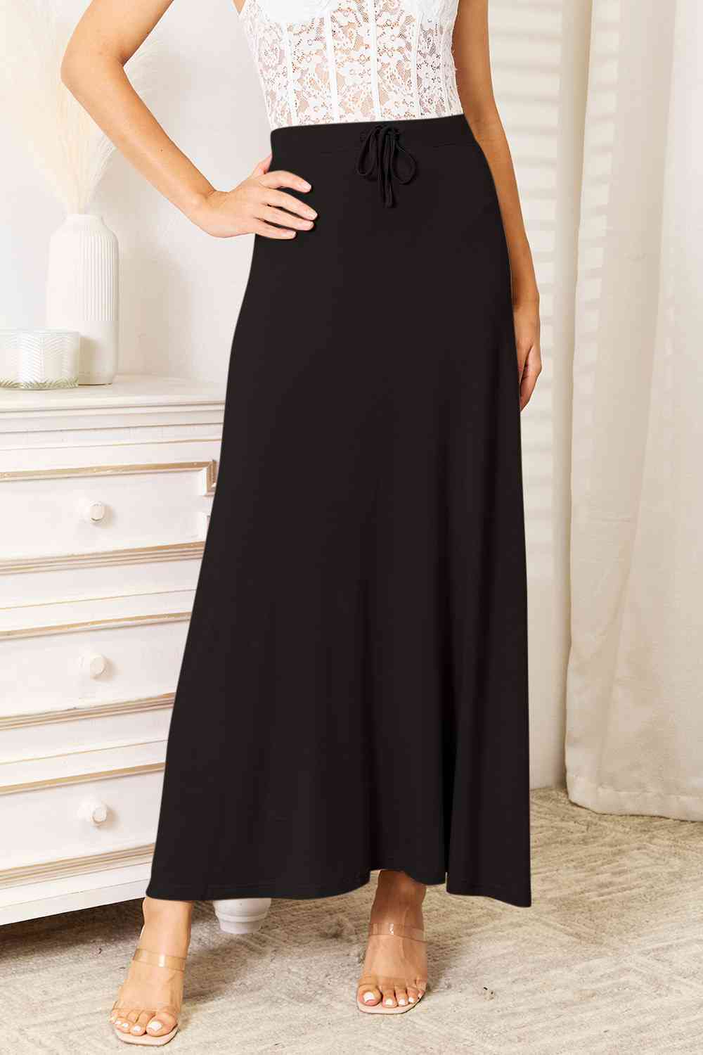 Double Take Soft Rayon Drawstring Waist Maxi Skirt Rayon-Trendsi-Black-S-[option4]-[option5]-[option6]-[option7]-[option8]-Shop-Boutique-Clothing-for-Women-Online