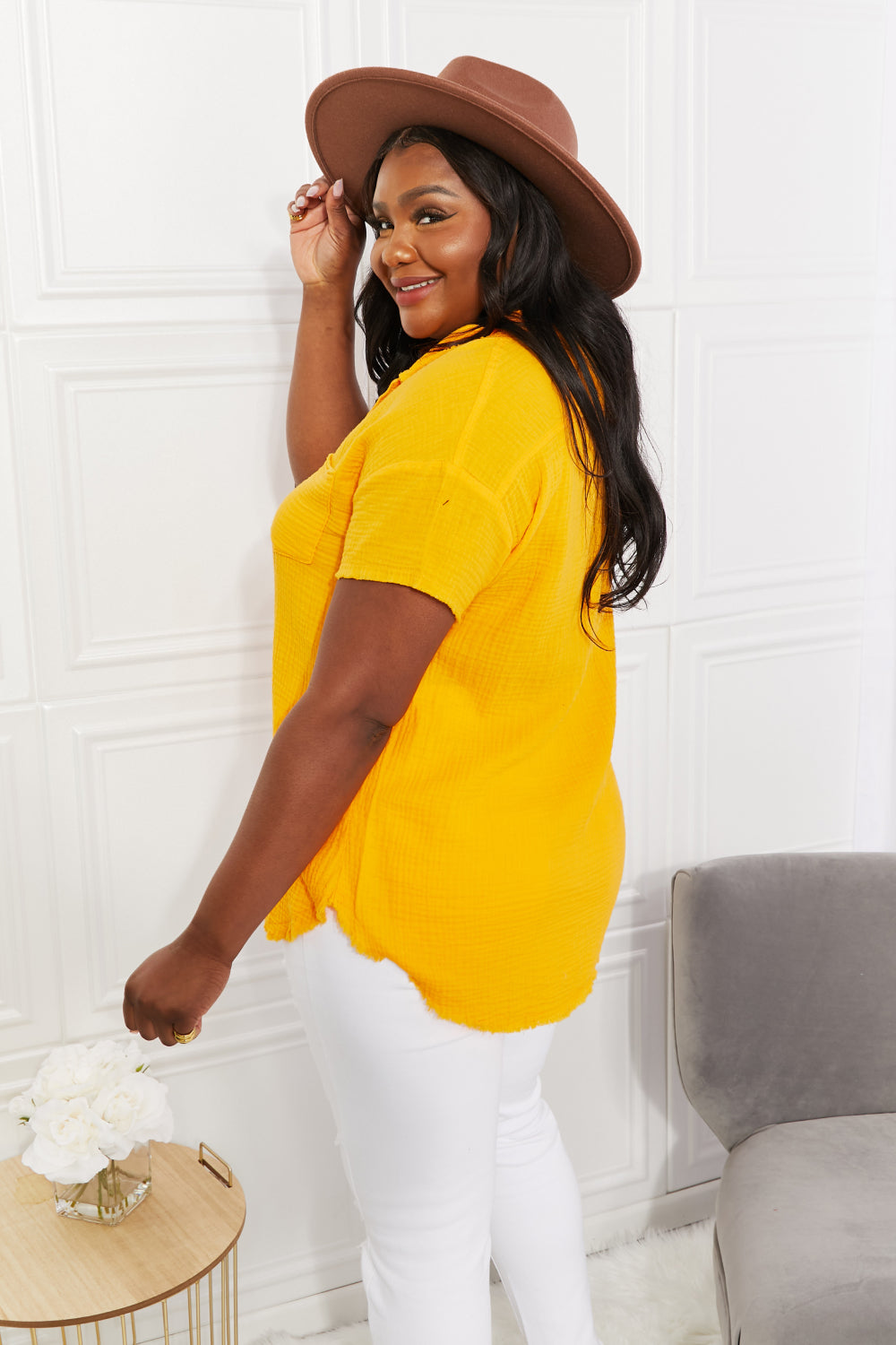 Zenana Summer Breeze Gauze Short Sleeve Shirt in Mustard-Trendsi-[option4]-[option5]-[option6]-[option7]-[option8]-Shop-Boutique-Clothing-for-Women-Online
