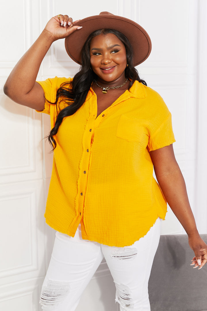 Zenana Summer Breeze Gauze Short Sleeve Shirt in Mustard-Trendsi-Mustard-S-[option4]-[option5]-[option6]-[option7]-[option8]-Shop-Boutique-Clothing-for-Women-Online