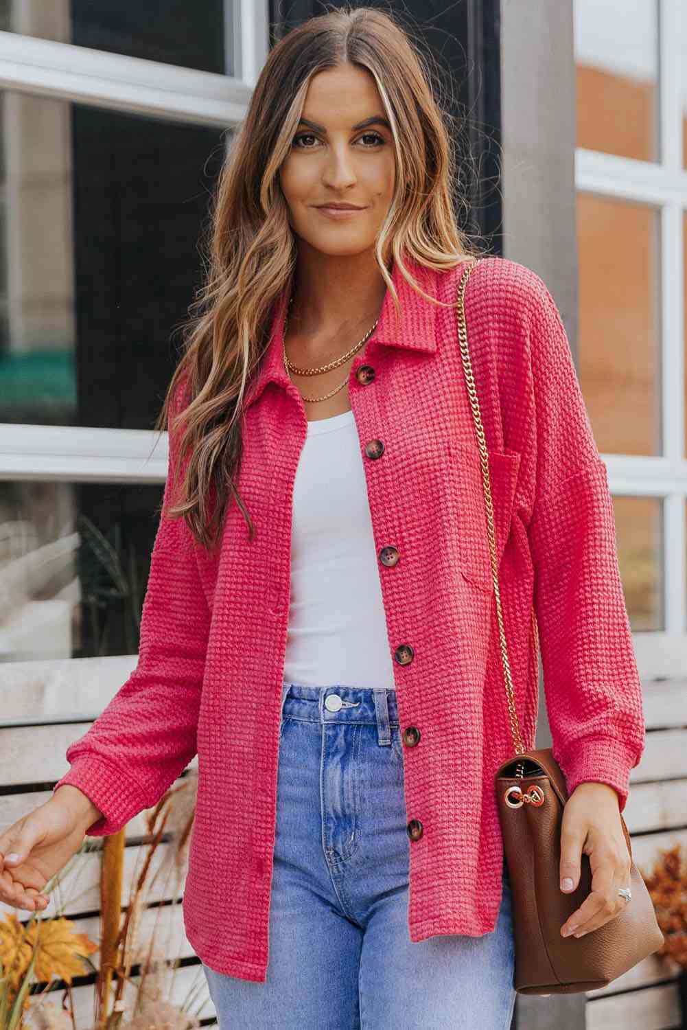 Spring Vibes Waffle-Knit Lightweight Shacket-Trendsi-Strawberry-S-[option4]-[option5]-[option6]-[option7]-[option8]-Shop-Boutique-Clothing-for-Women-Online