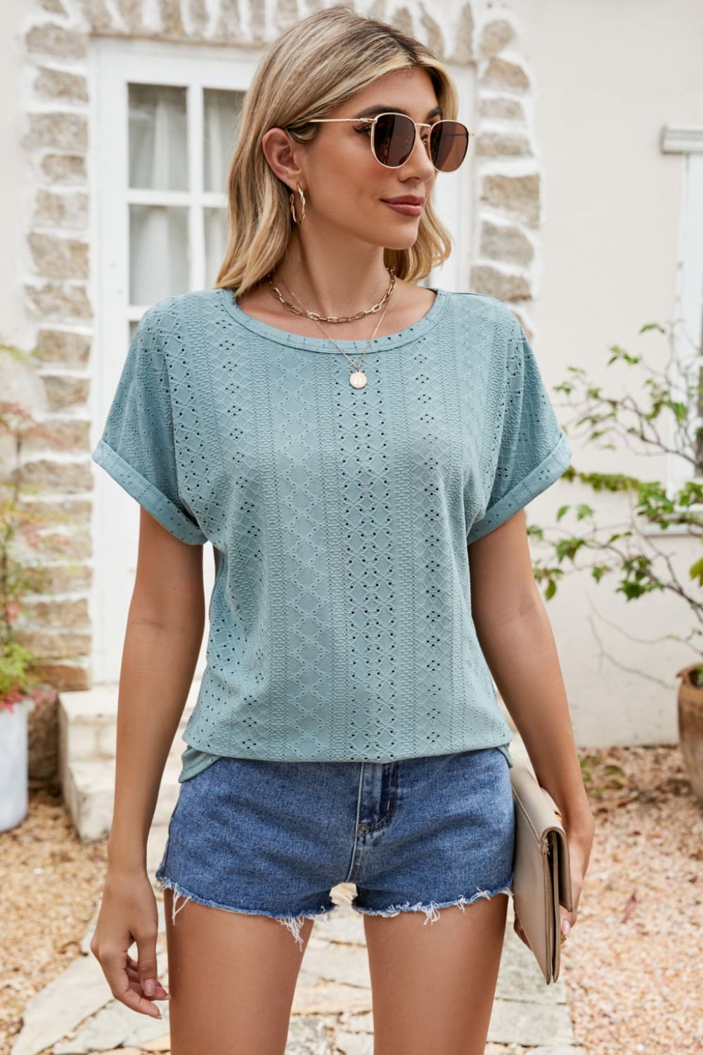 Full Size Round Neck Eyelet Short Sleeve Top-Trendsi-Turquoise-S-[option4]-[option5]-[option6]-[option7]-[option8]-Shop-Boutique-Clothing-for-Women-Online