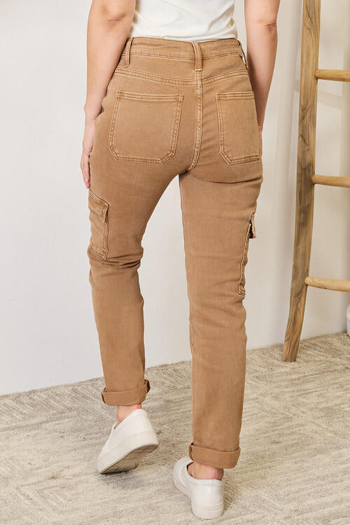 Risen High Waist Tan Cargo Jeans with Pockets-Trendsi-[option4]-[option5]-[option6]-[option7]-[option8]-Shop-Boutique-Clothing-for-Women-Online