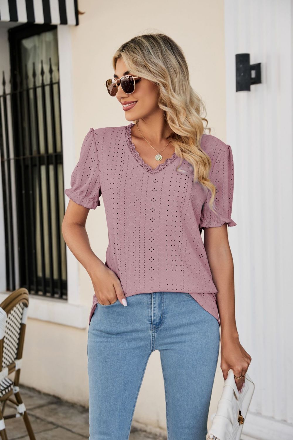 Eyelet Flounce Sleeve Scalloped V-Neck Top-Trendsi-Moonlit Mauve-S-[option4]-[option5]-[option6]-[option7]-[option8]-Shop-Boutique-Clothing-for-Women-Online