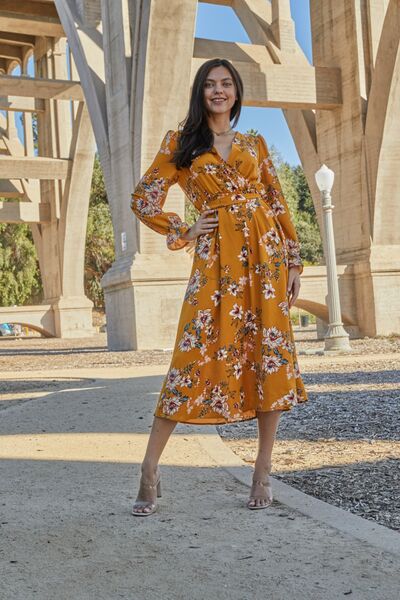 Double Take Floral Tie Back Flounce Sleeve Dress-Trendsi-Caramel-S-[option4]-[option5]-[option6]-[option7]-[option8]-Shop-Boutique-Clothing-for-Women-Online