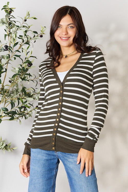 Zenana Striped Snap Down Cardigan-Trendsi-Dark Olive/Ivory-S-[option4]-[option5]-[option6]-[option7]-[option8]-Shop-Boutique-Clothing-for-Women-Online