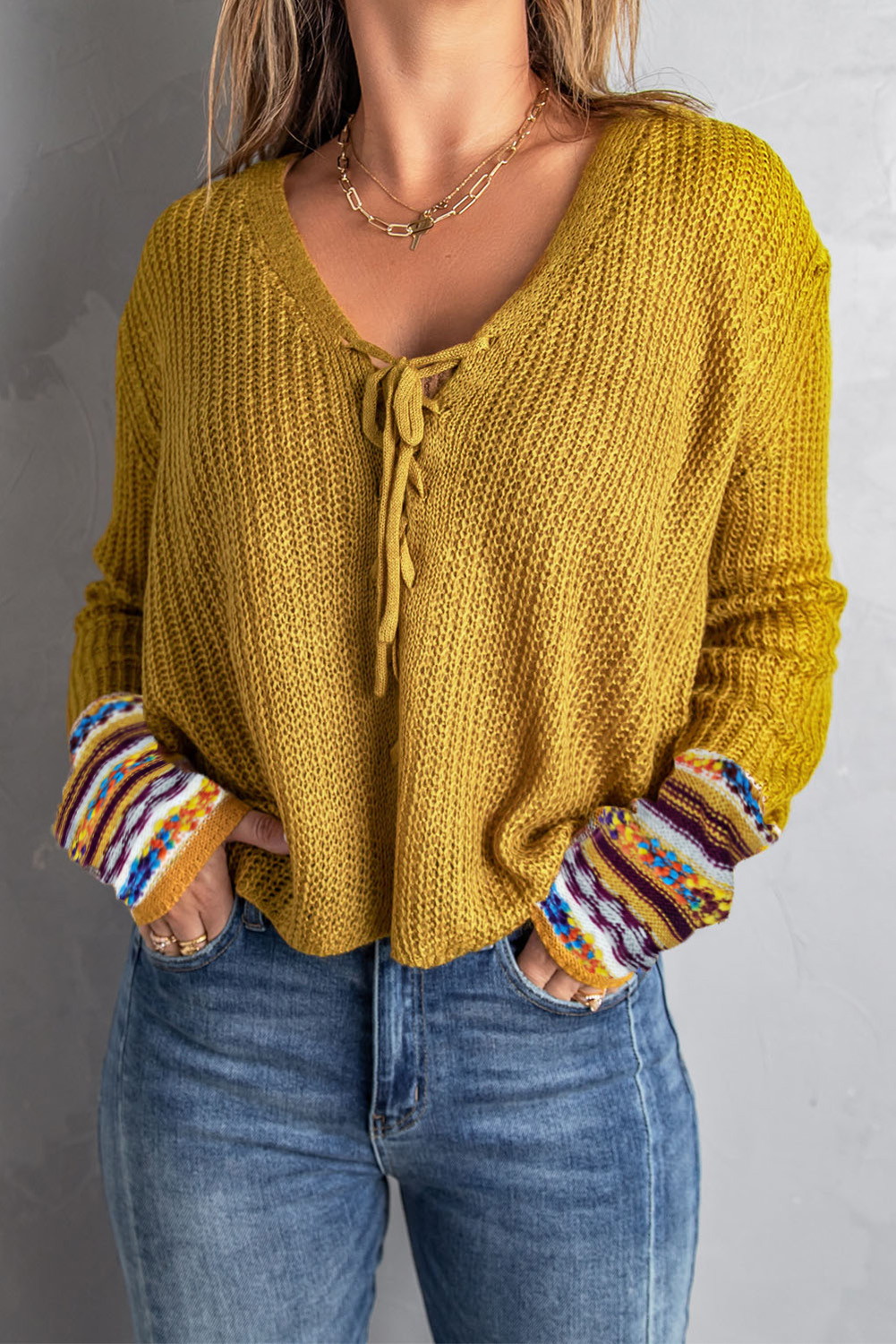 Yellow Lace Up V Neck Knit Sweater-Sweaters-The Bee Chic Boutique-[option4]-[option5]-[option6]-[option7]-[option8]-Shop-Boutique-Clothing-for-Women-Online