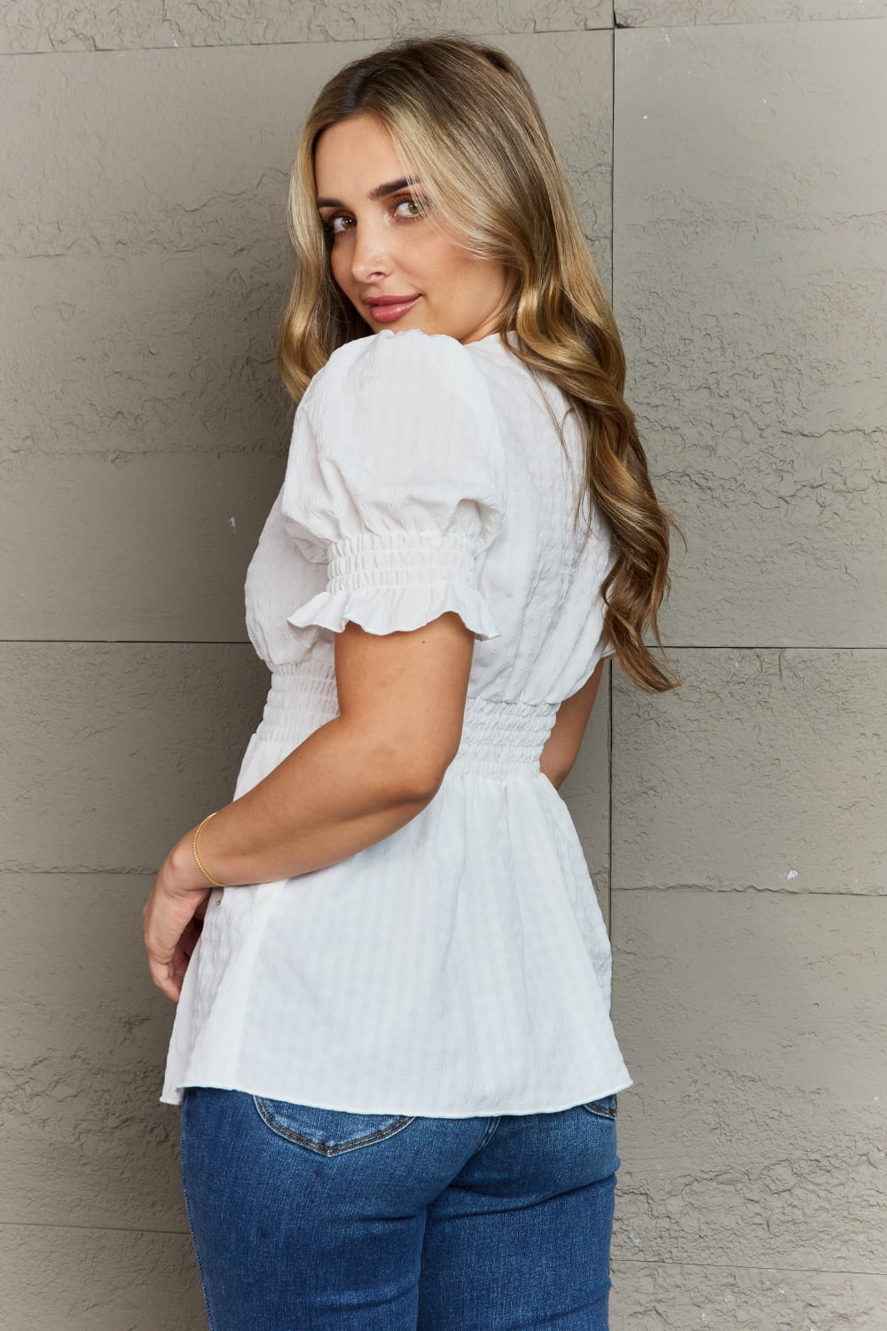 Culture Code Sweet Serenity V-Neck Puff Sleeve Button Down Top-Trendsi-[option4]-[option5]-[option6]-[option7]-[option8]-Shop-Boutique-Clothing-for-Women-Online