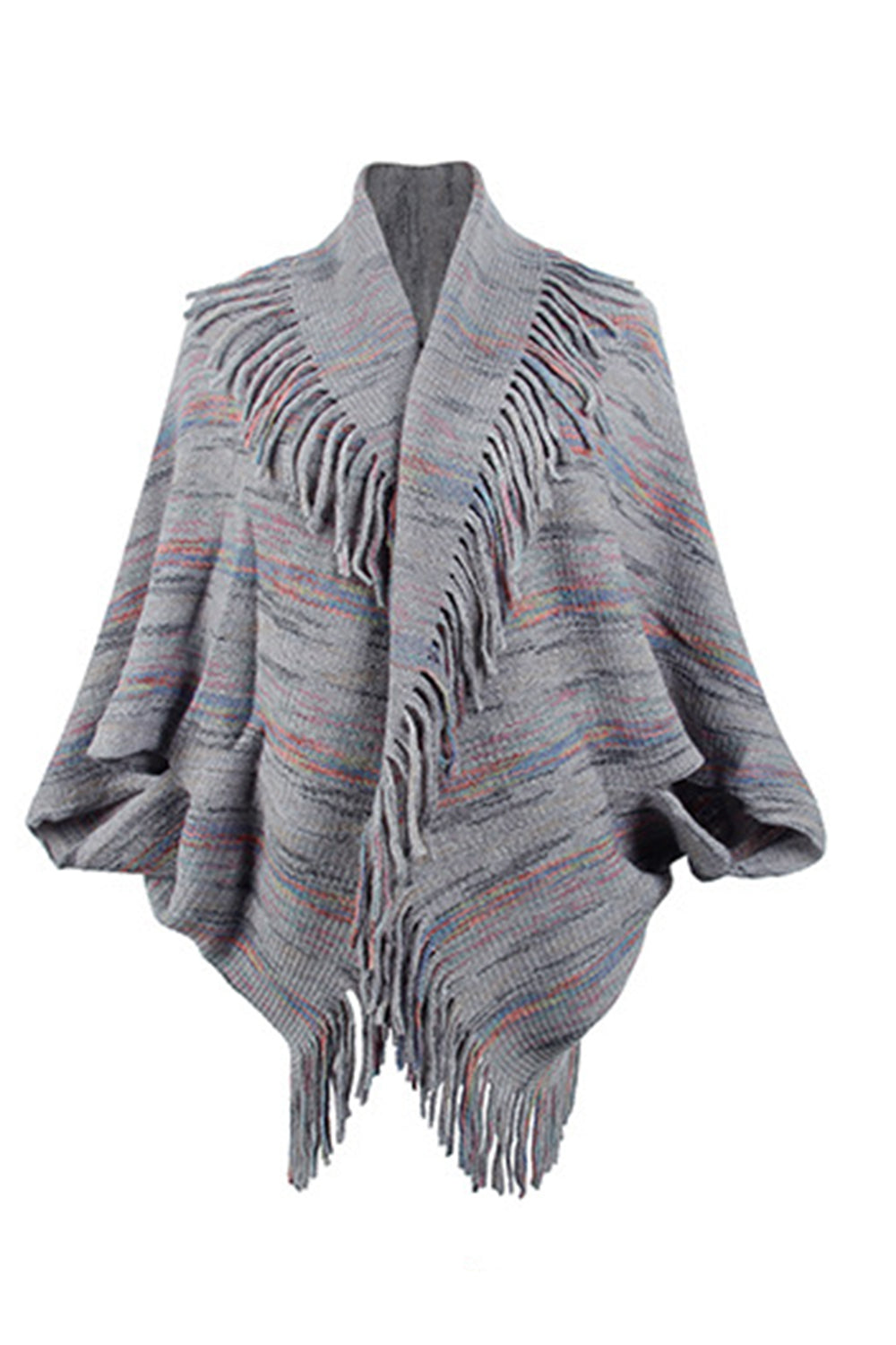 Fringe Detail Printed Poncho-Trendsi-Charcoal-One Size-[option4]-[option5]-[option6]-[option7]-[option8]-Shop-Boutique-Clothing-for-Women-Online
