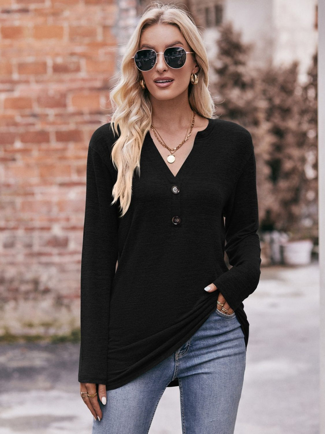 Double Take Buttoned Notched Neck Long Sleeve Top-Trendsi-Black-S-[option4]-[option5]-[option6]-[option7]-[option8]-Shop-Boutique-Clothing-for-Women-Online