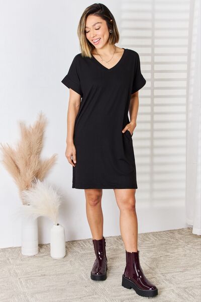 Zenana Rolled Short Sleeve V-Neck Dress-Trendsi-[option4]-[option5]-[option6]-[option7]-[option8]-Shop-Boutique-Clothing-for-Women-Online