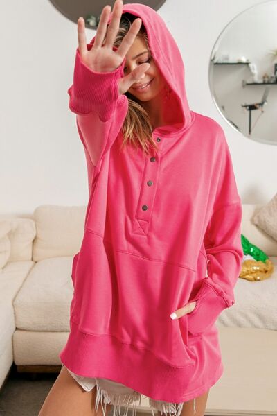 BiBi Half Snap Thumbhole Long Sleeve Hoodie-Trendsi-FUCHSIA-S-[option4]-[option5]-[option6]-[option7]-[option8]-Shop-Boutique-Clothing-for-Women-Online