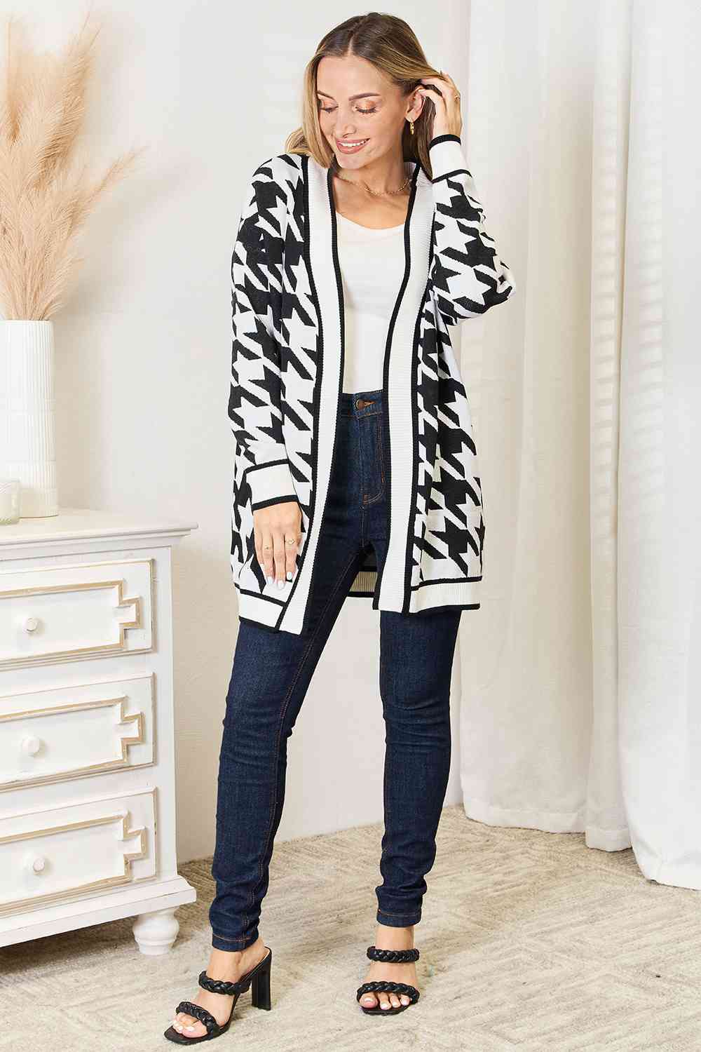 Woven Right Houndstooth Open Front Longline Cardigan-Trendsi-[option4]-[option5]-[option6]-[option7]-[option8]-Shop-Boutique-Clothing-for-Women-Online