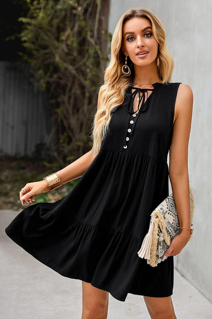 Tie Neck Tiered Dress with Decorative Buttons-Trendsi-Black-S-[option4]-[option5]-[option6]-[option7]-[option8]-Shop-Boutique-Clothing-for-Women-Online