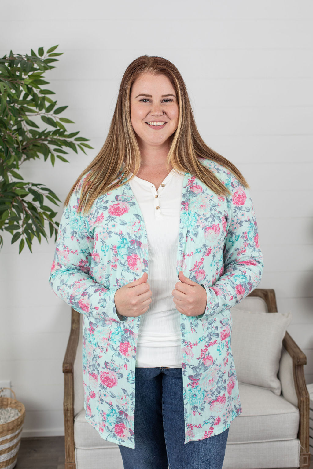 Rachel Ribbed Cardigan - Mint Floral-The Bee Chic Boutique-[option4]-[option5]-[option6]-[option7]-[option8]-Shop-Boutique-Clothing-for-Women-Online