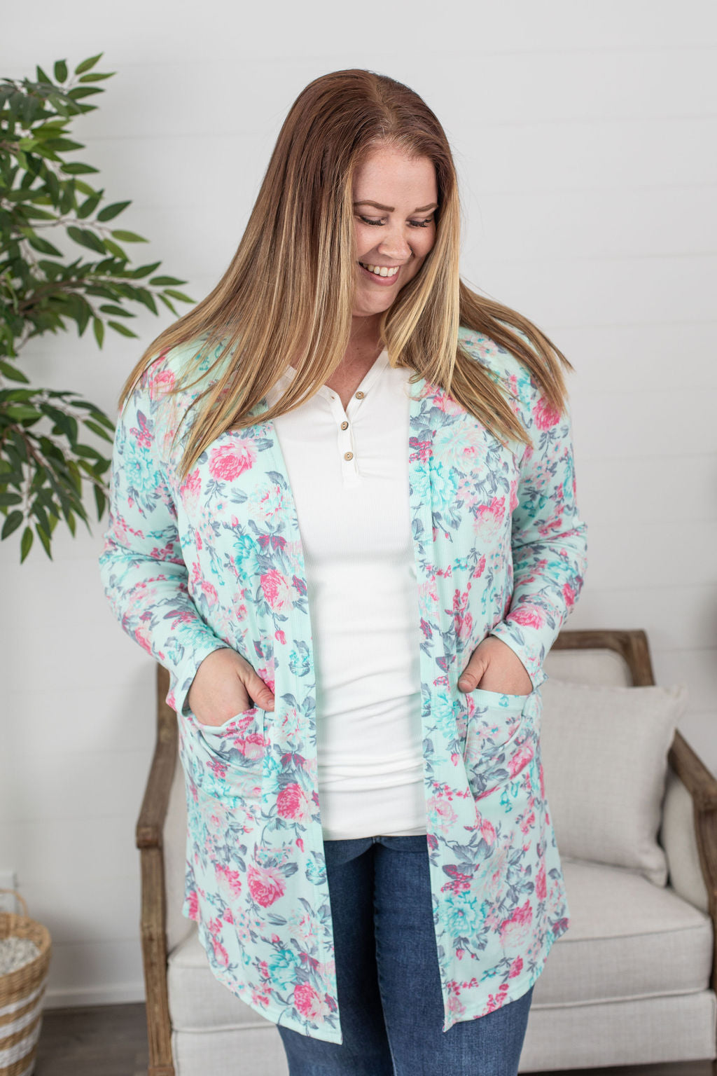 Rachel Ribbed Cardigan - Mint Floral-The Bee Chic Boutique-[option4]-[option5]-[option6]-[option7]-[option8]-Shop-Boutique-Clothing-for-Women-Online