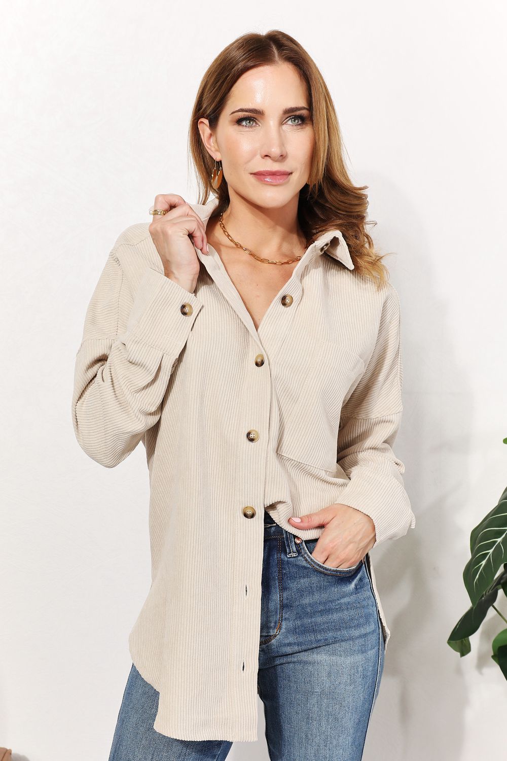 HEYSON Oversized Corduroy Button-Down Tunic Shirt with Bust Pocket-Trendsi-[option4]-[option5]-[option6]-[option7]-[option8]-Shop-Boutique-Clothing-for-Women-Online