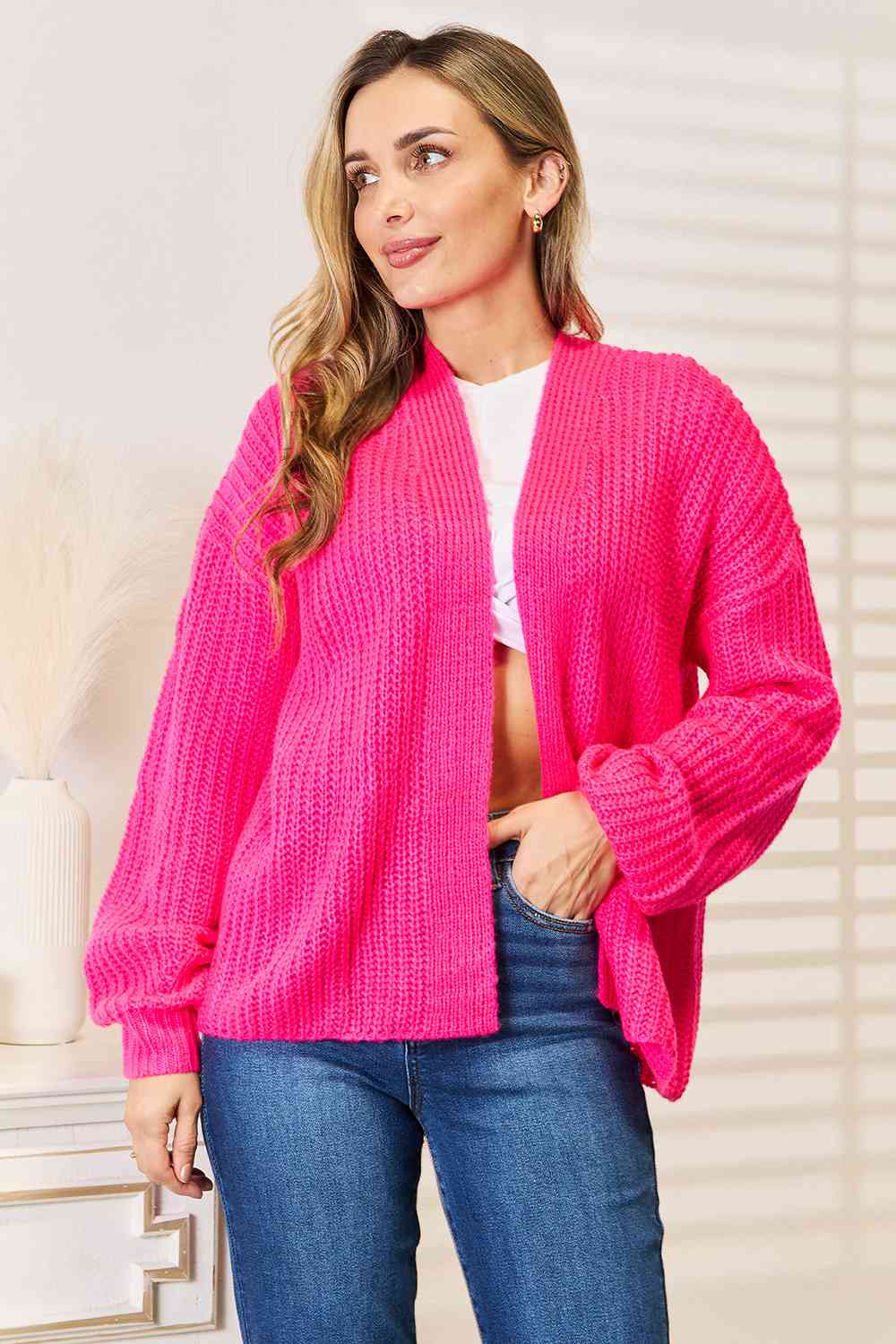 Woven Right Rib-Knit Open Front Drop Shoulder Cardigan-Trendsi-Hot Pink-S-[option4]-[option5]-[option6]-[option7]-[option8]-Shop-Boutique-Clothing-for-Women-Online