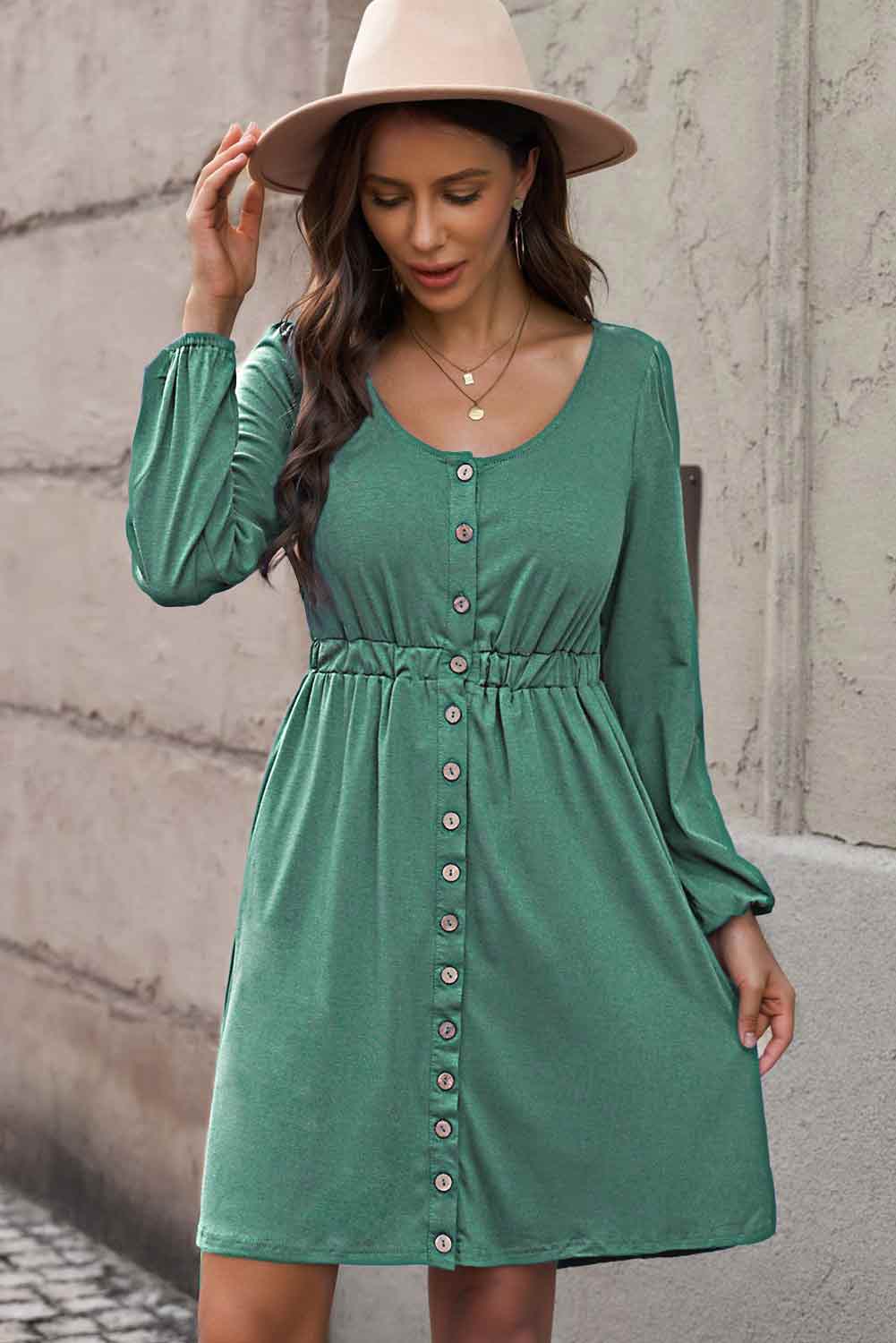 Ella Magic Plus Size Button Front Elastic Waist Long Sleeve Dress-Trendsi-[option4]-[option5]-[option6]-[option7]-[option8]-Shop-Boutique-Clothing-for-Women-Online